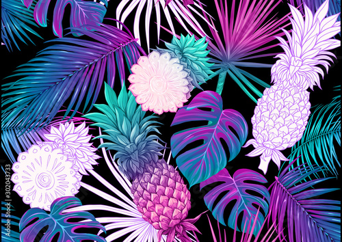 Tropical plants and flowers. Seamless pattern, background. Colored and outline design. Vector illustration in neon, fluorescent colors. Isolated on black background..