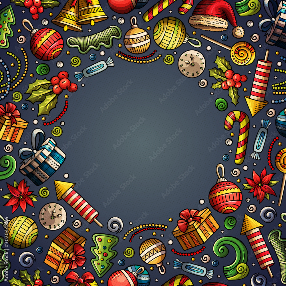 Fototapeta premium Cartoon doodles Merry Christmas and New Year card design