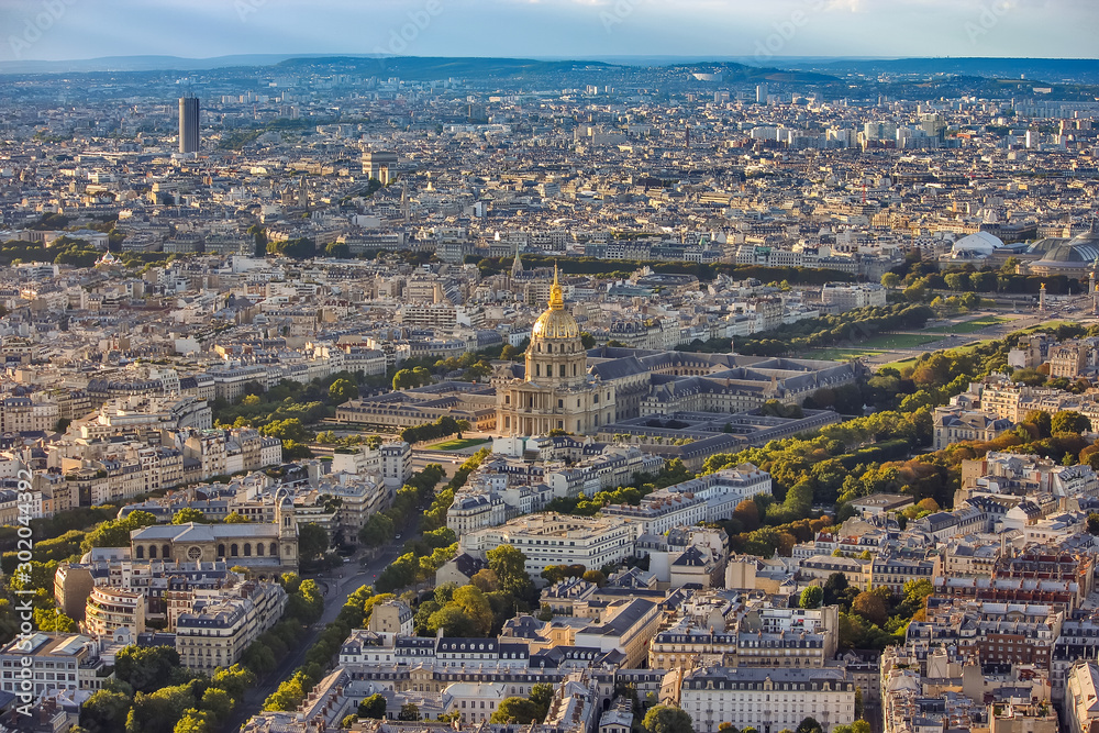 Aerial view of the Paris with church of Saint Louis and museum Les invalides