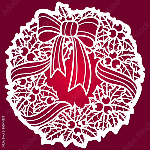 Template for laser cutting. Winter pattern. Christmas wreath. Vector