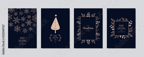 Merry Christmas modern elegant card set with frame banner greetings and golden fir pine branches on blue background photo