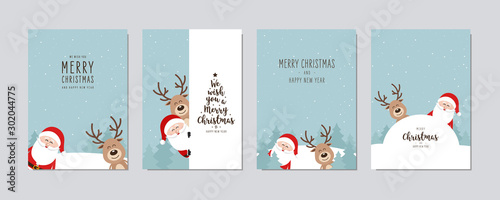 Christmas card set. Merry Christmas and Happy New Year greeting cute santa and red nose reindeer cartoon lettering vector.