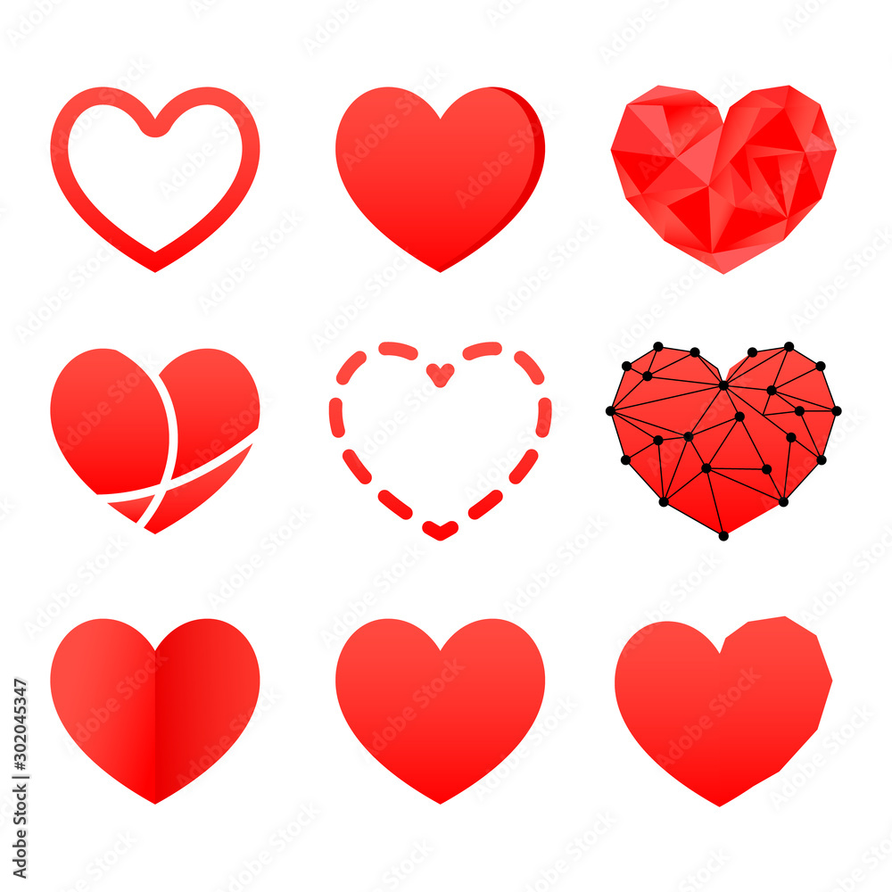 Valentine day hearts. Geometry and volumetric shapes on a white background