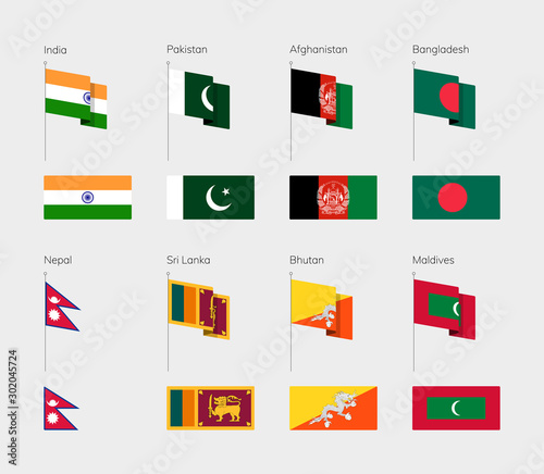 Countries of Southern Asia according to the UN classification. Set of flags. India, Pakistan, Afghanistan, Bangladesh, Nepal, Sri Lanka, Bhutan, Maldives