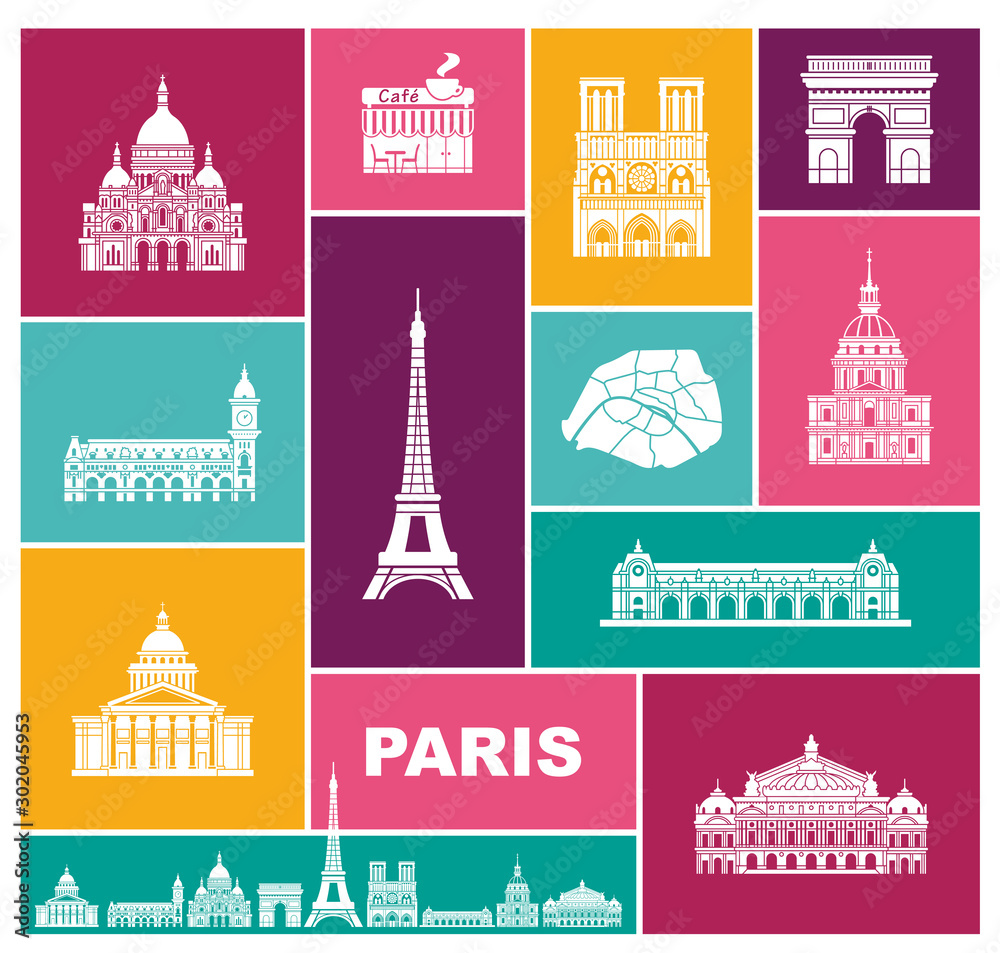 Architectural and historical sights of Paris. Set of color high quality icons