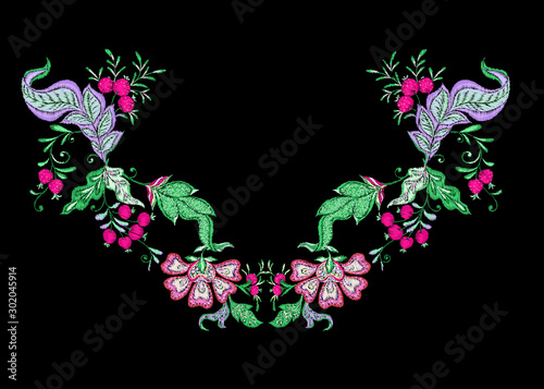 Floral decorative elements in jacobean embroidery style, fantasy floral pattern, vintage, old, retro style. Embroidery imitation for neck line. Vector illustration.