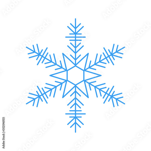 Blue snowflake icon - a symbol of winter holidays, xmas and new year, cold weather and frost - isolated on white background. Elegant vector design element.