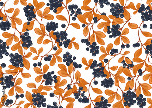 Seamless pattern with autumn leaves and berries In art nouveau style, vintage, old, retro style. Isolated on white background.