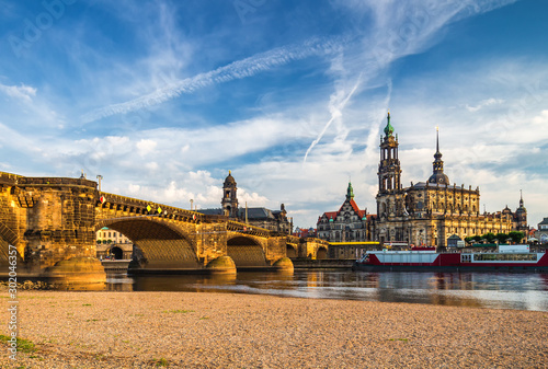 Dresden city skyline panorama at Elbe River and Augustus Bridge, Dresden, Saxony, Germany