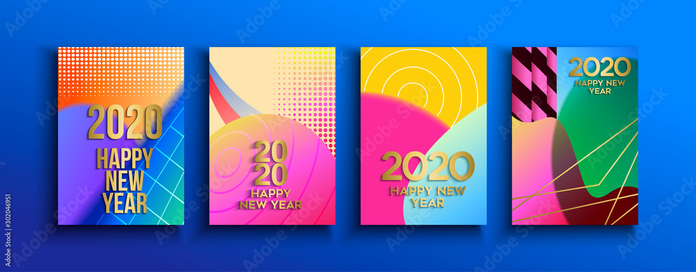 New Year 2020 abstract retro greeting card set