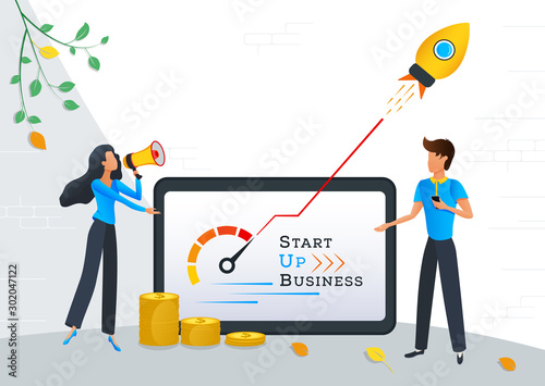 Startup new business project, financial investments in creative idea online, start up launching product with rocket, entrepreneurship. Concept for web page, banner. Flat vector illustration