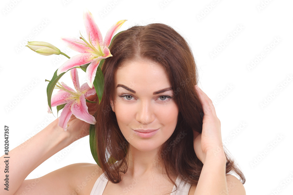 Beauty face of woman with lily flower Beauty face of woman with lily flower