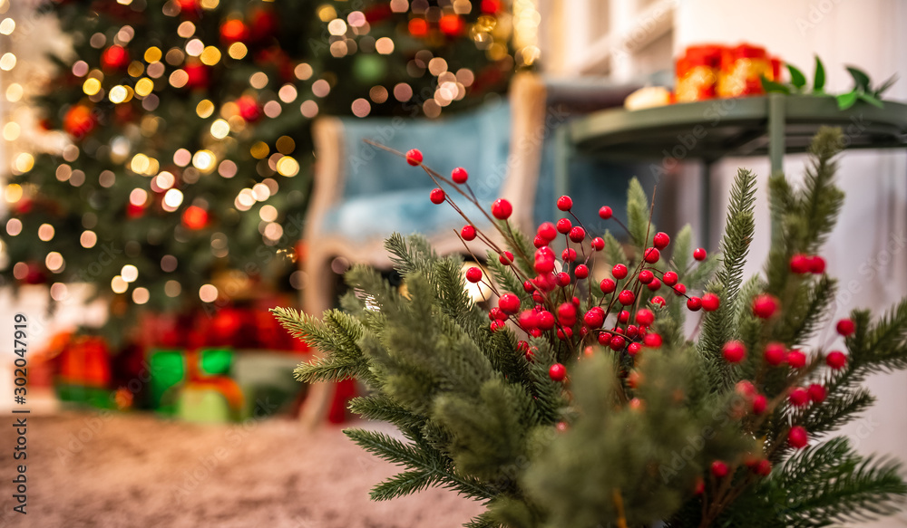 Christmas red pine tree decorated, background light bokeh Christmas red pine tree decorated, background light bokeh