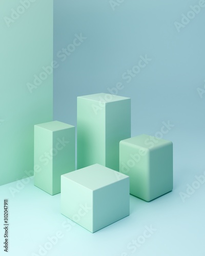 Minimal scene with corner podium and abstract background. Geometric shape. Blue and green pastel colors scene. Minimal 3d rendering. Scene with geometrical forms and blue background. 3d render. 