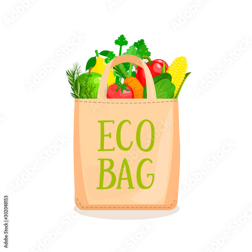 Eco Fabric Cloth Bag full of vegetables and fruits. The concept of caring for the environment and reuse things. Friendly nature non plastic bags. Vector illustration.