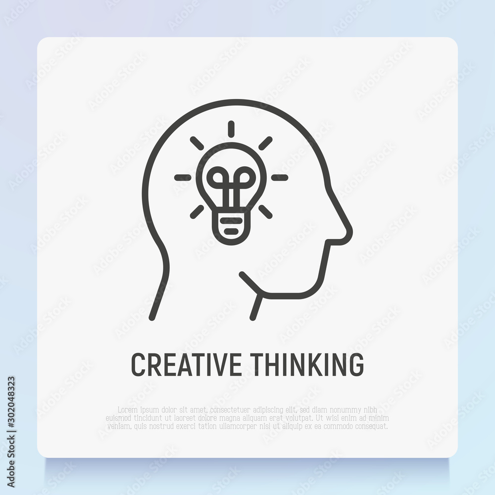 Creative thinking: light bulb in head. Thin line icon. Genius idea, innovation. Modern vector illustration. Creative thinking: light bulb in head. Thin line icon. Genius idea, innovation. Modern vector illustration.