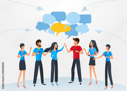 Vector illustration, flat style, group of business people chat communication dialogue speech bubbles, cartoon characters discuss social network, message, discussion of news, social networks