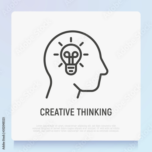 Creative thinking: light bulb in head. Thin line icon. Genius idea, innovation. Modern vector illustration.