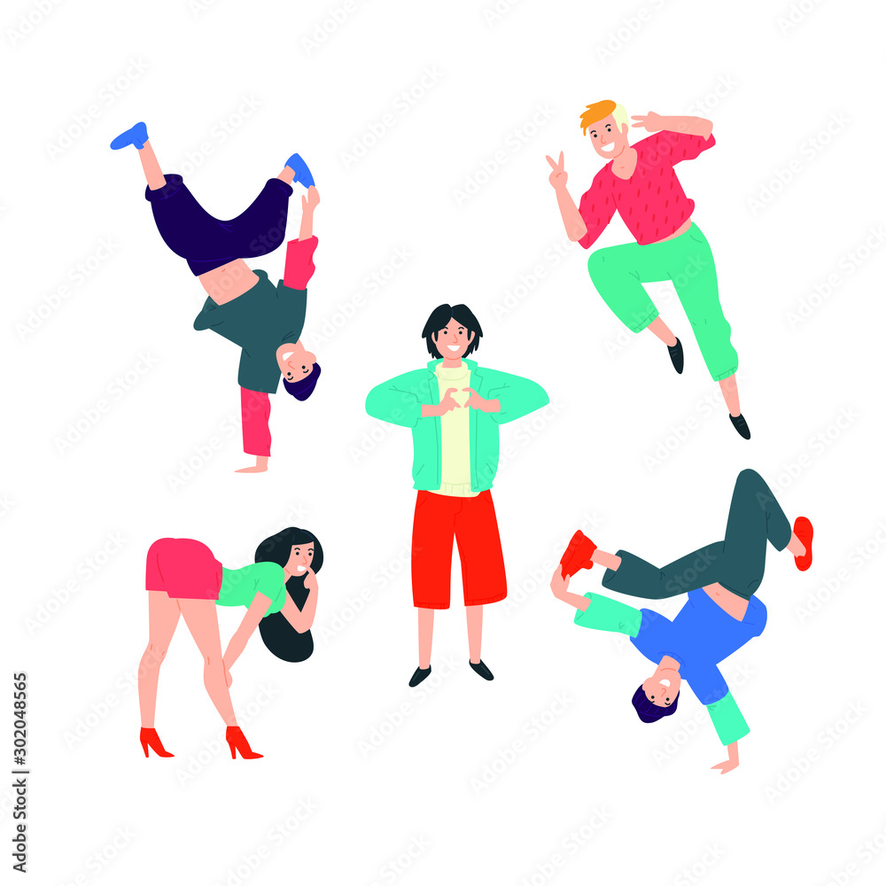 Young dancing people. Vector. Young people have fun and come off to the fullest. The girl is flirting. A young man shows a heart. Guys dance brekdans. Movement and dance is life.