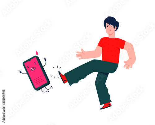 Illustration of a guy kicking a smartphone. Vector. The ban on the use of cell phones. Flat style. Say no to zombie mobile devices. Get free from the phone. Internet addiction.