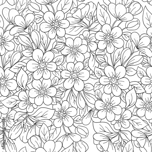 Seamless pattern, background with pink cherry blossoms, apple trees, sakura. Outline hand drawing vector illustration. Vector illustration. © Elen Lane