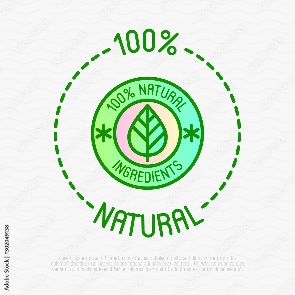 100 percent natural ingredients symbol. Thin line icon for package of organic product. Modern vector illustration. 100 percent natural ingredients symbol. Thin line icon for package of organic product. Modern vector illustration.