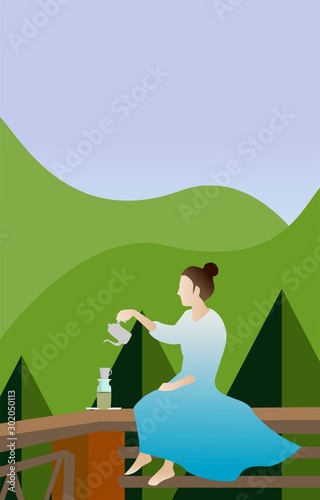 The girl relaxed, sipping tea and admiring the nature on the holiday morning-