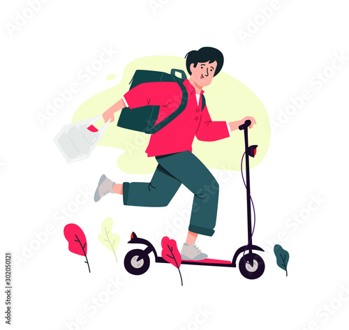 Illustration of a courier guy on an electric scooter. Vector. Delivery of goods and products. Youth business male image. Flat style. Mascot for the company. Online order, fast delivery.