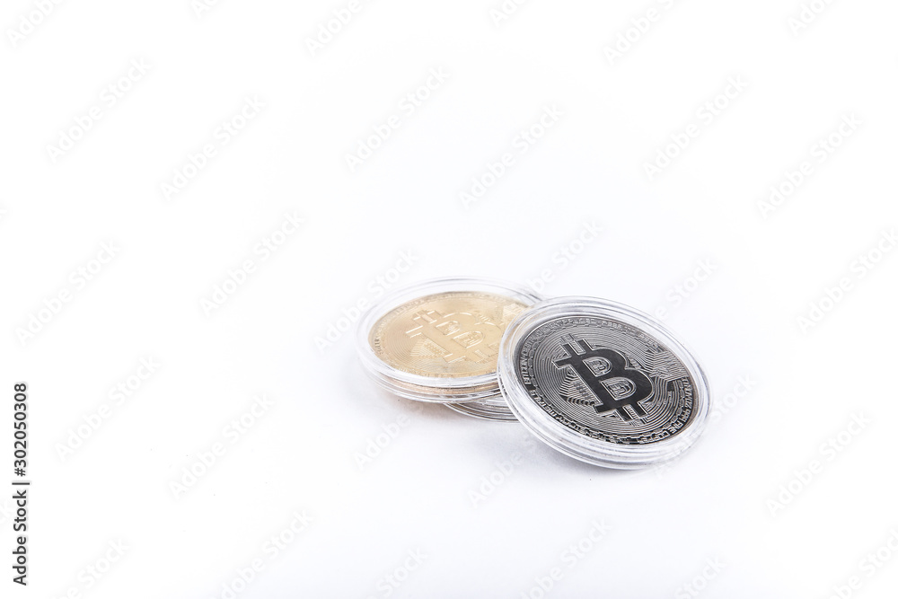 bitcoin souvenir coin in capsule on white background with copy space
