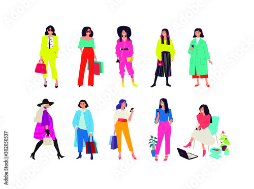 Illustration of a young fashionable girls. Vector. Women shoppers and shopaholics. Ordinary girls with phones isolated on a white background. Flat style. Posing girls.