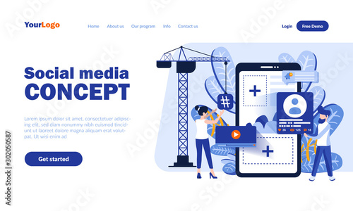 Social media vector landing page template with header. Online communication app web banner, homepage design with flat illustrations. Network users cartoon characters. Keeping in touch concept
