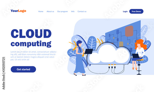 Cloud computing vector landing page template with header. Server, hosting web banner, homepage design with flat illustrations. Internet resource, database, online data storage concept