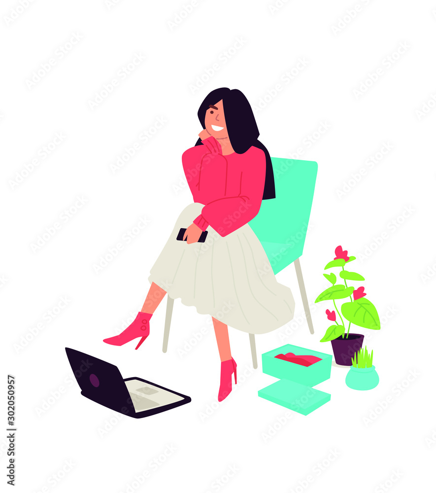 Illustration of a cute girl sitting in a chair. Vector. Female shopper, shopaholic makes purchases on the Internet. Fashionable casual girl. Flat style. Trying on a new product. Illustration of a cute girl sitting in a chair. Vector. Female shopper, shopaholic makes purchases on the Internet. Fashionable casual girl. Flat style. Trying on a new product.
