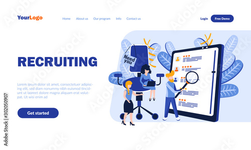 Recruiting agency work flat landing page template with header. Employment service web banner, homepage design. Headhunting vector illustration. Staff search, personnel hiring concept