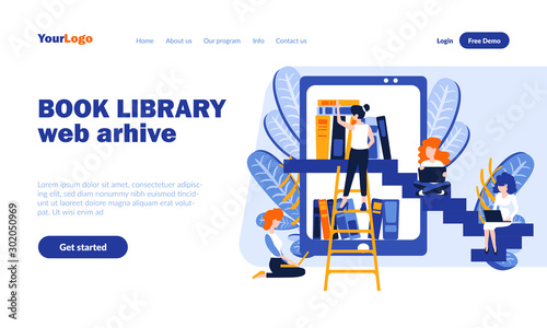 Book library web archive vector landing page template with header. Online education web banner, homepage design with color flat illustrations. Internet resource, e books reading concept