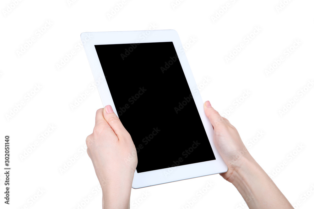 Tablet computer in female hands isolated on white background Tablet computer in female hands isolated on white background