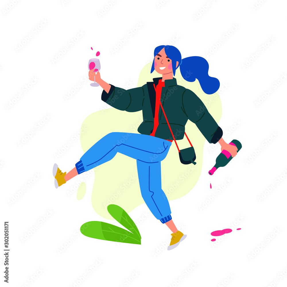Illustration of a girl with a glass of wine and a bottle. Vector. A woman celebrates a holiday and runs to a meeting with her friends. Rest and party. Fun all night. A little bit drunk lady, without c