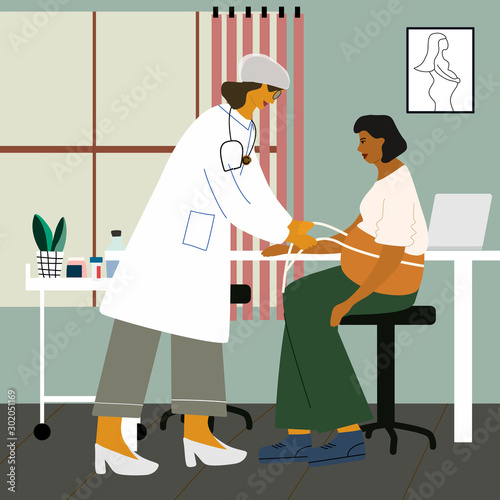Pregnancy perinatal health concept. Doctor examining a pregnant woman at clinic. Obstetrican gynecologist measuring the tummy with measuring tape of her pregnant patient. Flat vector illustration.