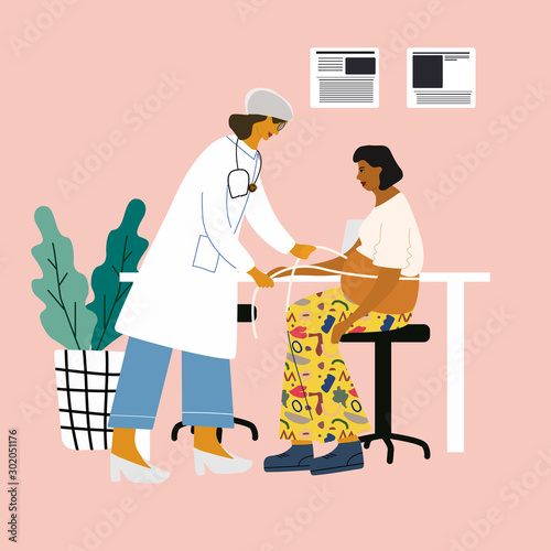 Healthy pregnancy concept. Pregnant woman sitting at clinic. Gynecologist examining and measuring the tummy with measuring tape of her pregnant patient. Flat colorful vector illustration.