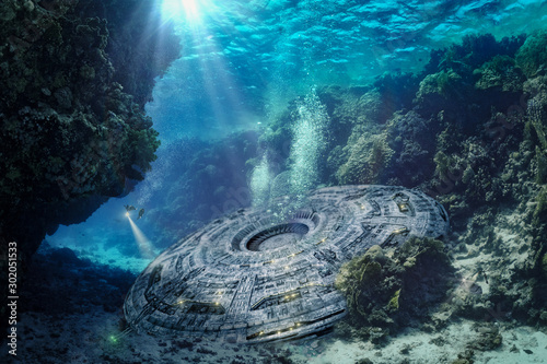 Unknown object is explored underwater by divers - 3D-Illustration
