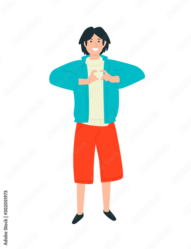 Illustration of a guy showing a heart on his fingers. A young boy experiences feelings of love for the world around him. Flat style. Image isolated on a white background. Demonstration of emotions. Illustration of a guy showing a heart on his fingers. A young boy experiences feelings of love for the world around him. Flat style. Image isolated on a white background. Demonstration of emotions.