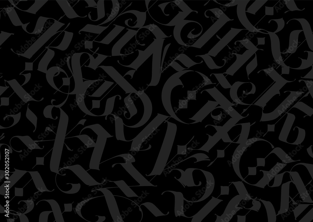 Black background with gray gothic letters. Gloomy pattern for text and fabric. Black background with gray gothic letters. Gloomy pattern for text and fabric.