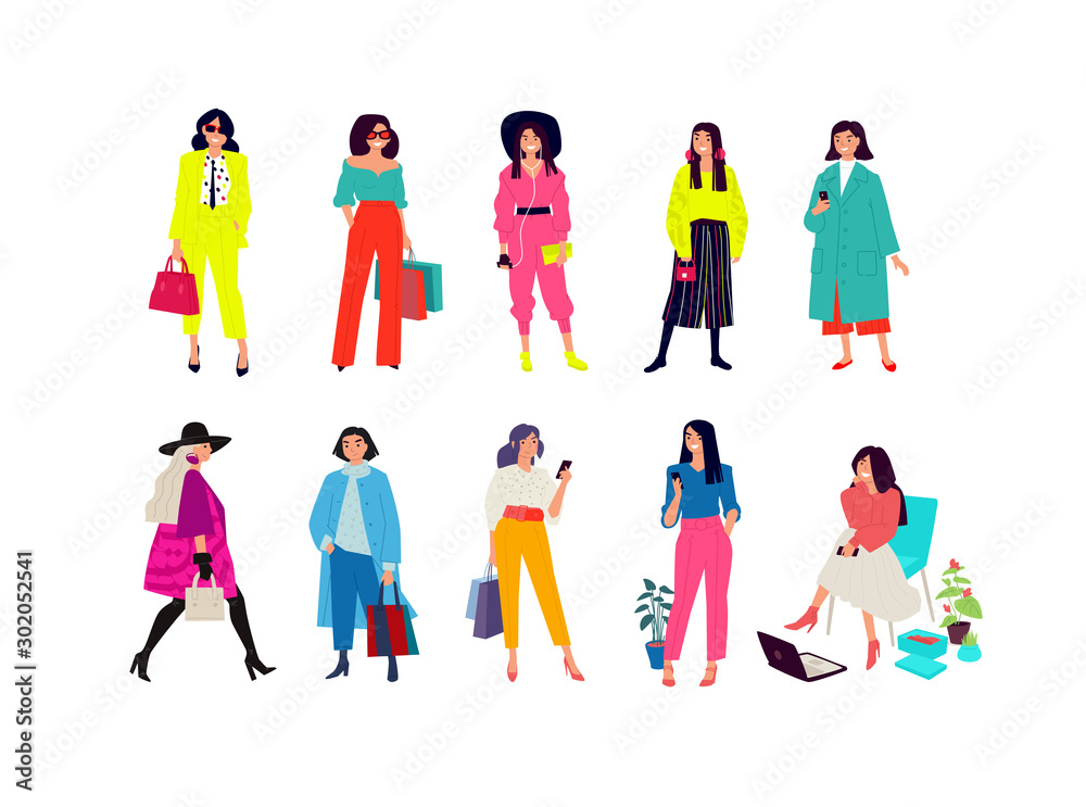 Illustration of a young fashionable girls. Vector. Women shoppers and shopaholics. Ordinary girls with phones isolated on a white background. Flat style. Posing girls.