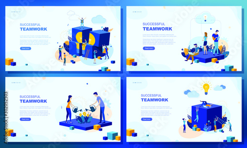 Trendy flat illustration. Set of web page concepts. Successful teamwork. People work. Business strategy. Teamwork and competition. Template for your design works. Vector graphics.