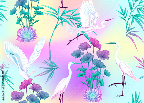 Seamless pattern, background with tropical plants, flowers and birds. Colored vector illustration in neon, fluorescent colors. In light ultra violet pastel colors on mesh pink, blue background