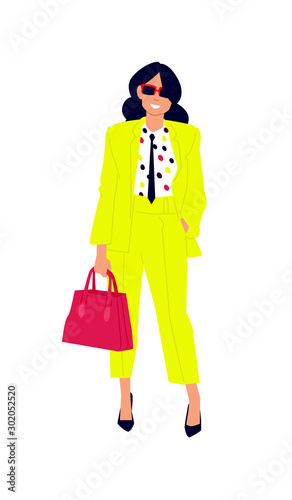 Illustration of a cute girl in a yellow suit. Vector. Woman shopper shopper with purchases. Casual style of dress. Flat style. Image is isolated on a white background.