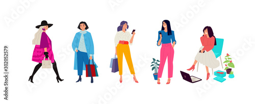 Illustration of fashionable girls in bright clothes. Women go about their business. Casual style of dress. Flat style. Image is isolated on a white background.