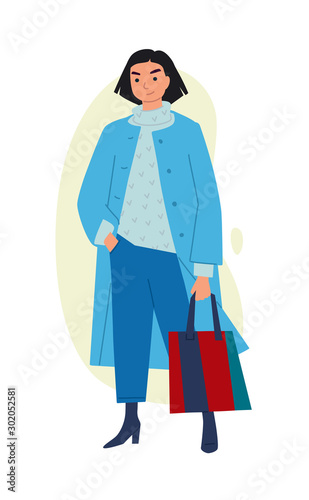 Illustration of a cute girl. Woman shopper shopper with purchases. Casual style of dress. Flat style. Image is isolated on a white background.