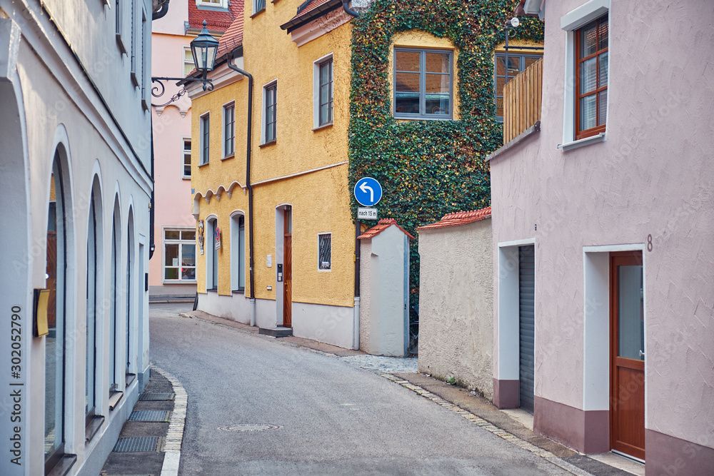 Narrow street in the old town. Memmingen.