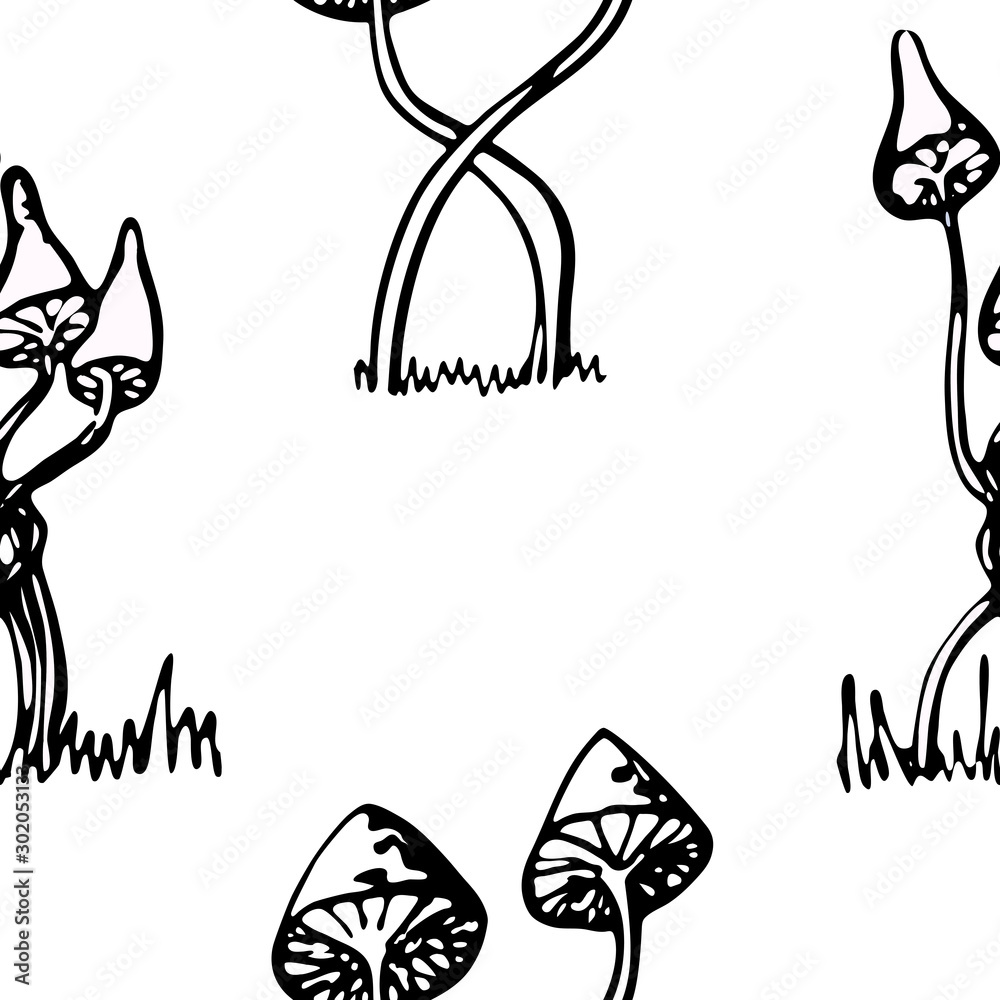 Food vector illustration. Black and white fantasy poisonous mushrooms. Contour style. For print, design, back surface, textile, packaging, canvas. Hand drawn vector illustration. Seamless pattern/